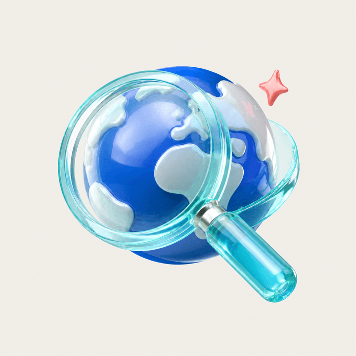 Glossy globe and magnifying glass for domain discovery