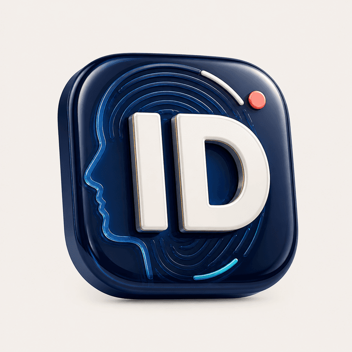 A glossy ID identity emblem with a human profile and fingerprint pattern