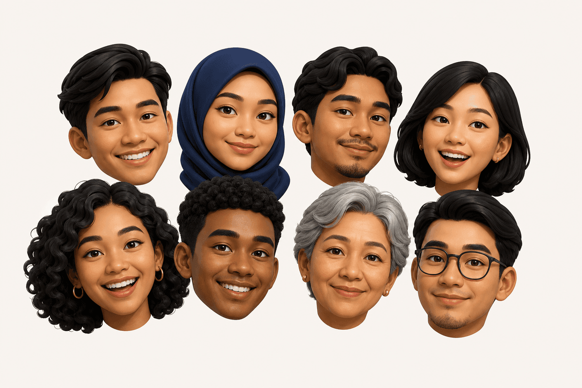 Eight friendly 3D avatar heads representing the diversity of Indonesian people